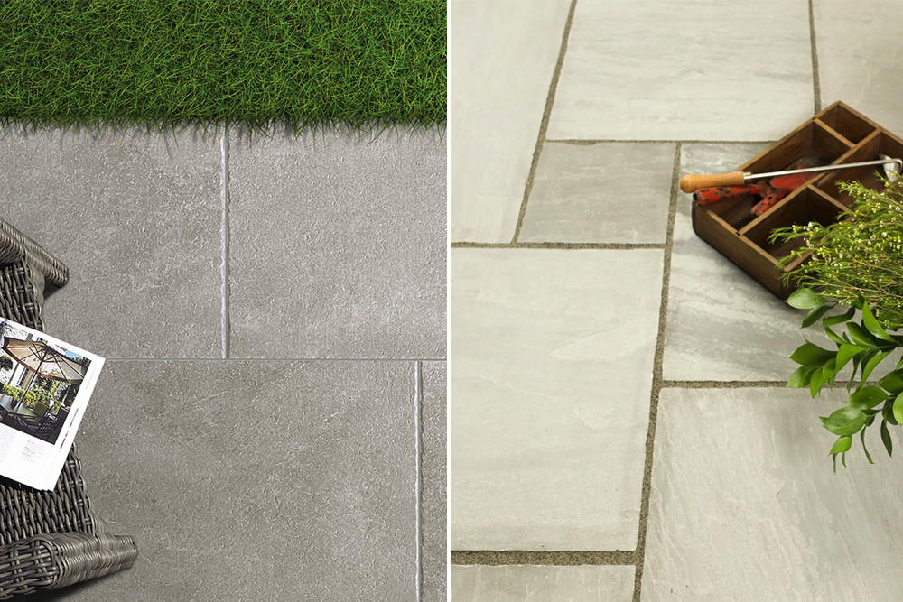 (Left) Charterhouse Grigio antiqued porcelain paving slabs, (Right) Classic silver grey sandstone patio slabs